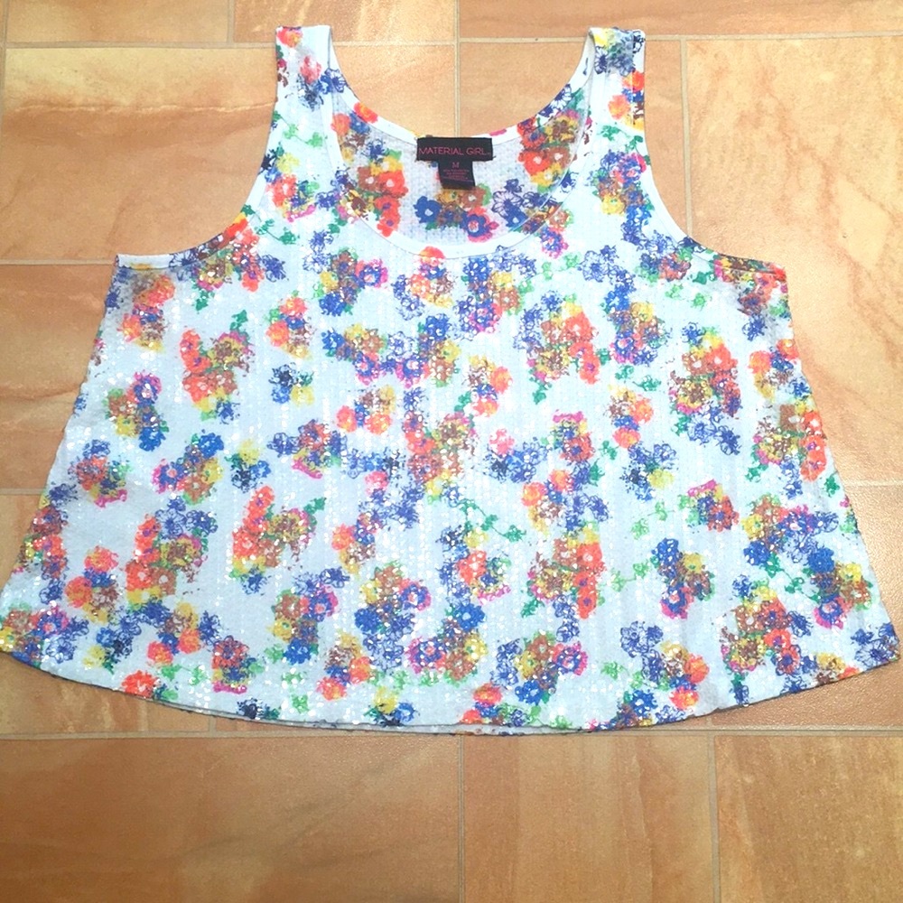 Material Girl Women's White Floral Sequin Crop Tank Top